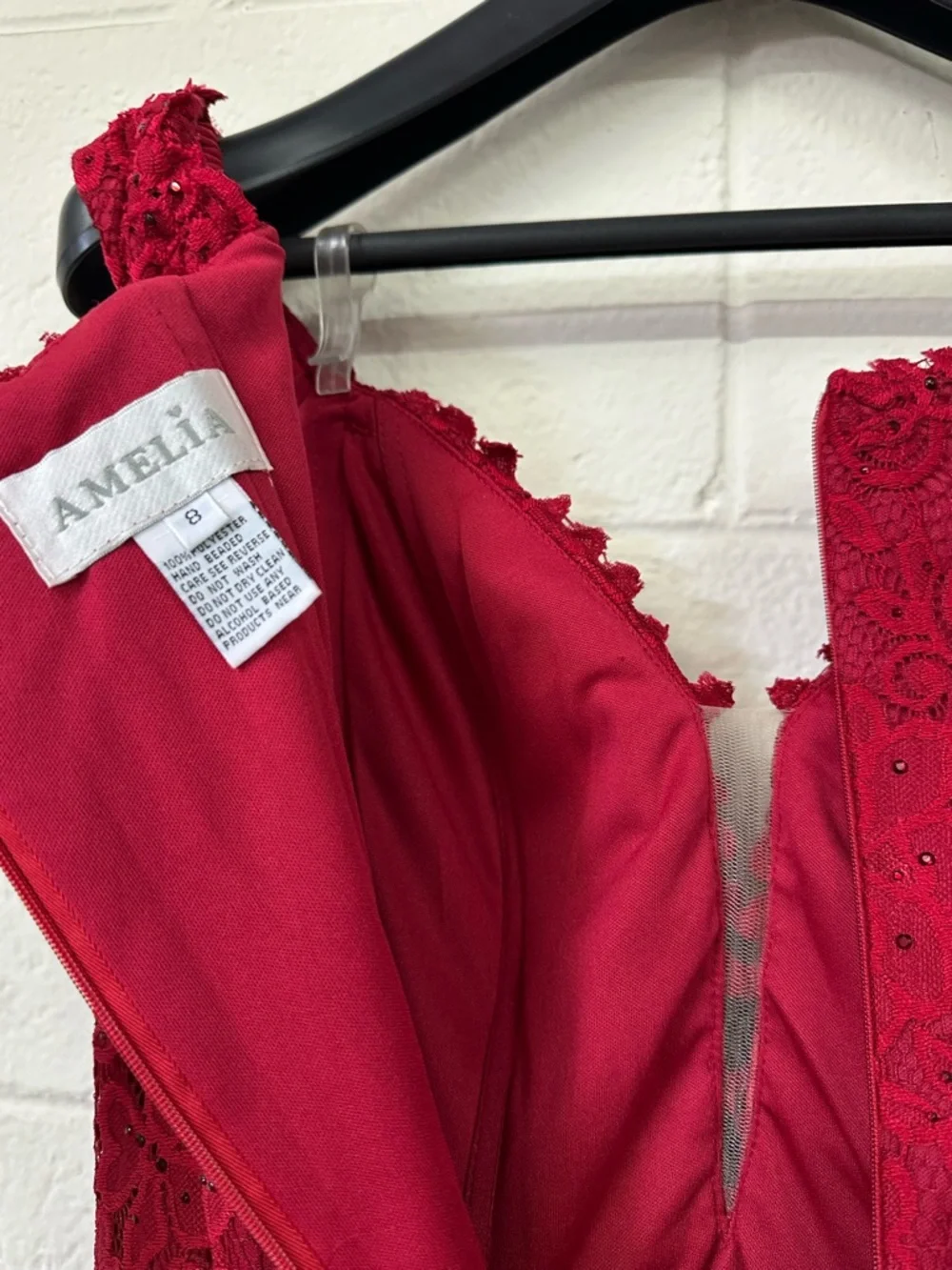 Women’s- Amelia Red Lace Off-Shoulder Dress - Picture 3 of 6